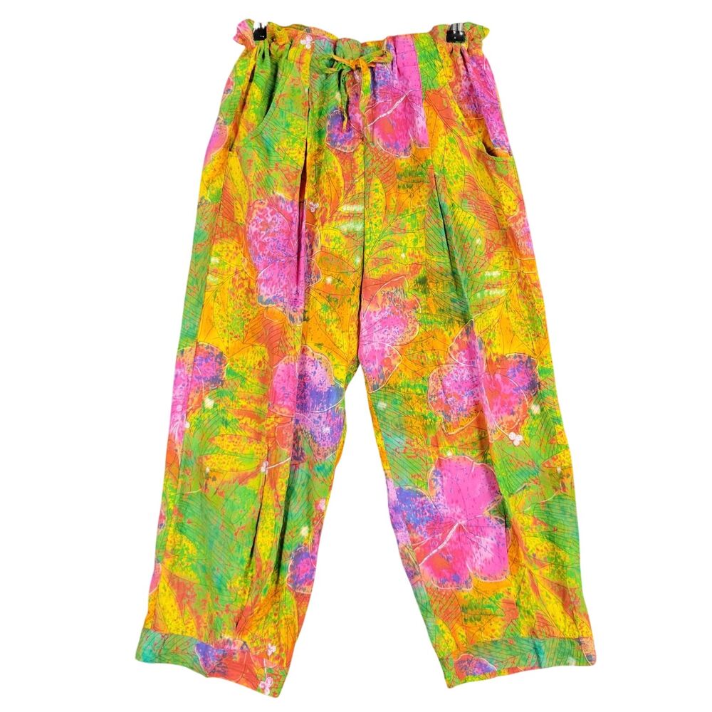 JAMS WORLD Pink Rainbow Tropical Floral Pleated Cropped Drawstring Pants SIZE XS
